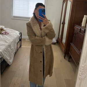 Women's Wilson leather Tan Suede Coat with Cream faux Fur Trim
